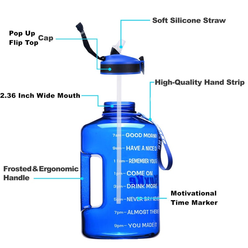 SLUXKE Gallon Water Bottle Jug with Time Marker BPA Free, 128oz Big Water Bottle with Handle and Straw Leak Proof, One Click Open Huge Sports Water Bottle Blue - Image 5